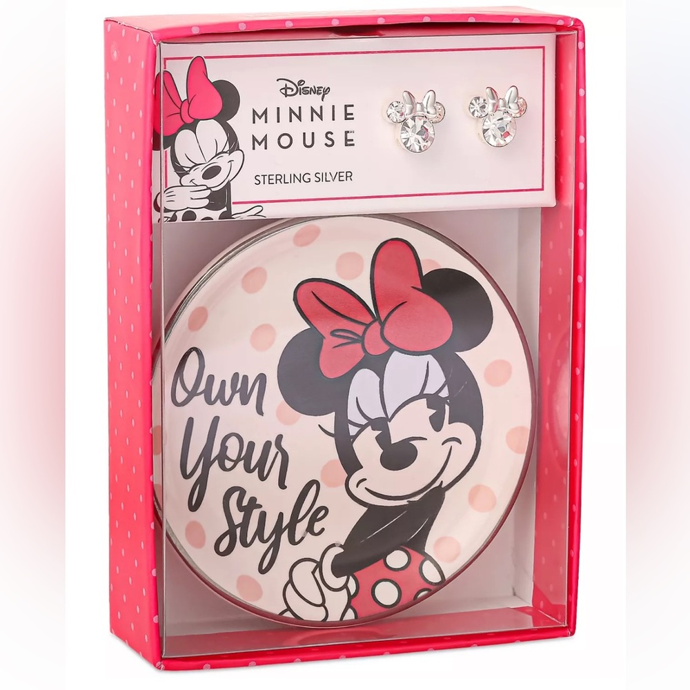 Minnie Mouse Clear Crystal Stud Earrings in Sterling Silver & Trinket Dish